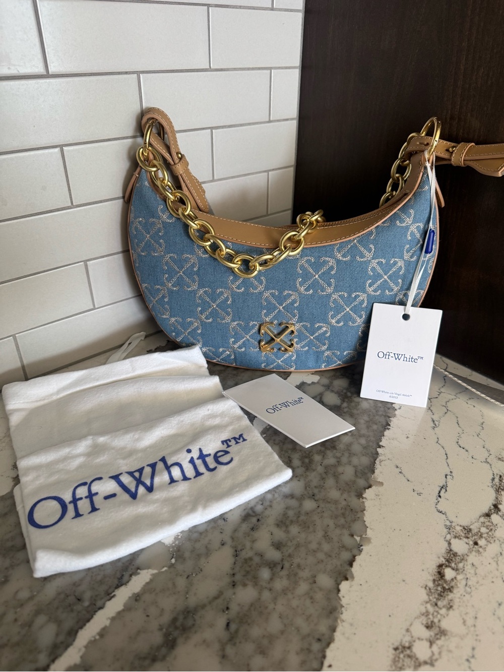 Off-White Blue Monogram Hemisphere Hobo Bag in Logo Repeat NEW